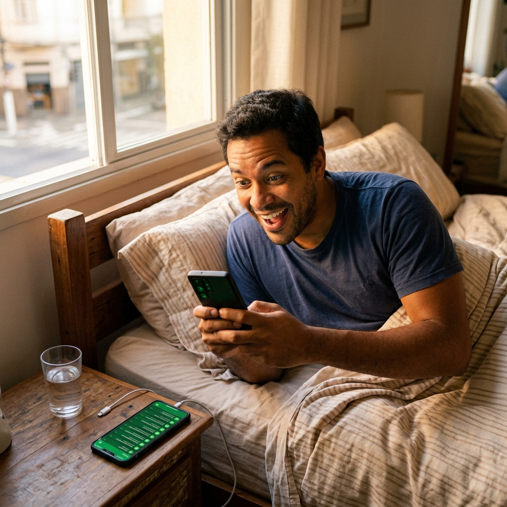 Empreendedor acordando com notificações de vendas