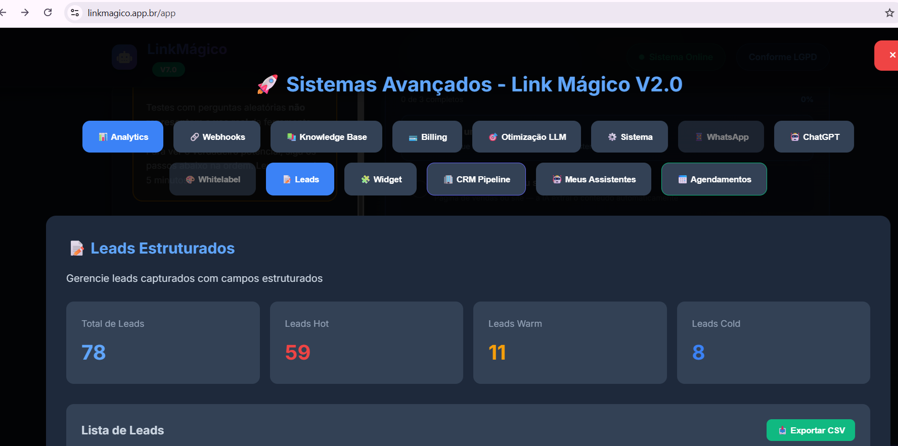 Leads Estruturados — 78 total, 59 Hot, 11 Warm, 8 Cold